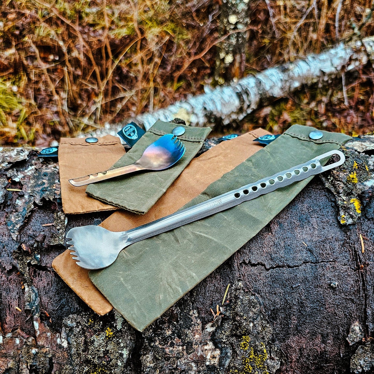 Waxed Canvas Utensil Sleeves shown with long and stubby utensils